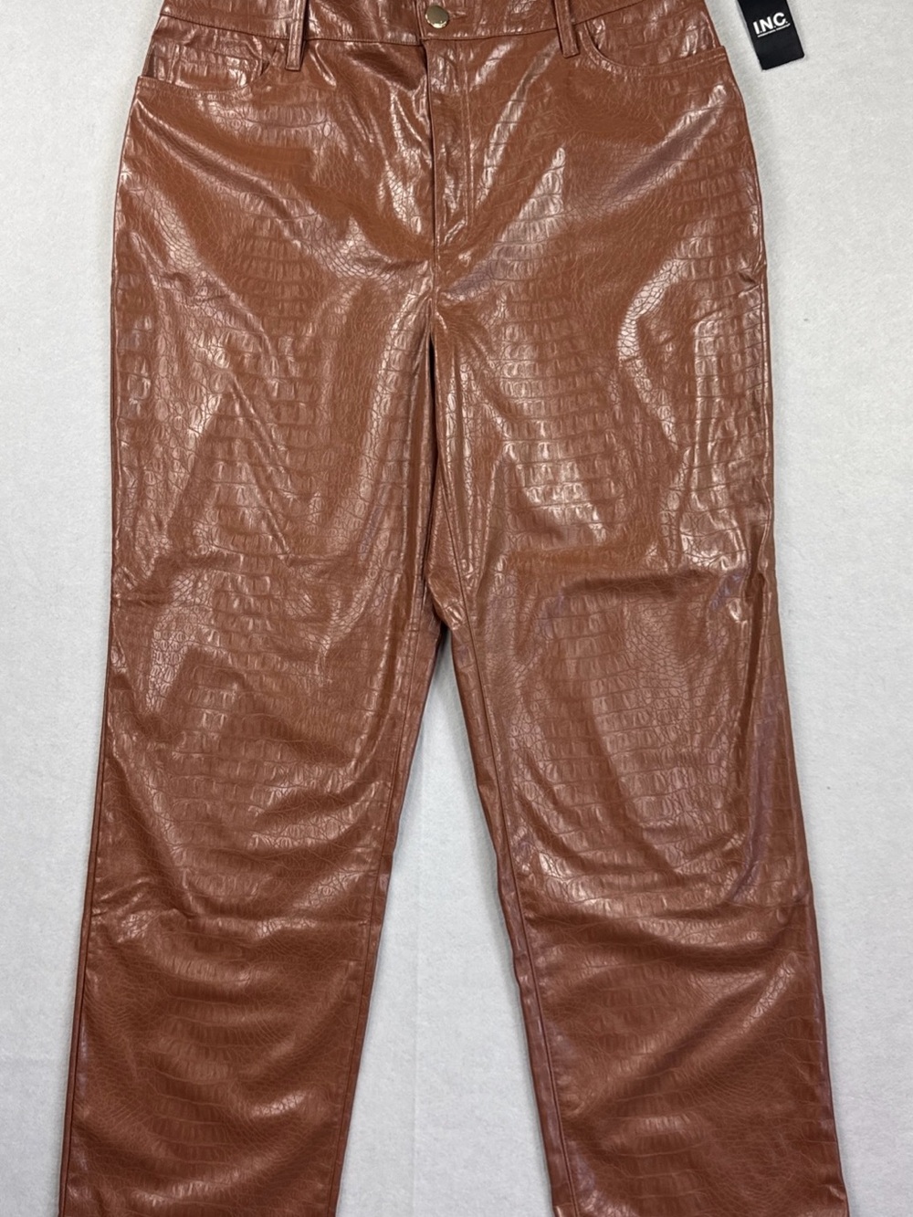INC International Concepts Brown Faux Leather Croc Textured Pants Size 16 NWT